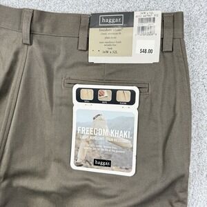 NEW HAGGAR FREEDOM KHAKI FLAT FRONT CLASSIC 36 X 32 DRESS PANTS WRINKLE‎ FREE